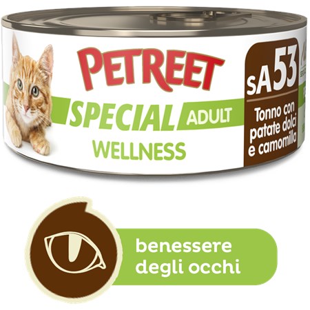 Petreet Special Wellness Tonno Patate Dolci Camomilla 70 gr sA53 Lattina Umido Gatto in Gatti