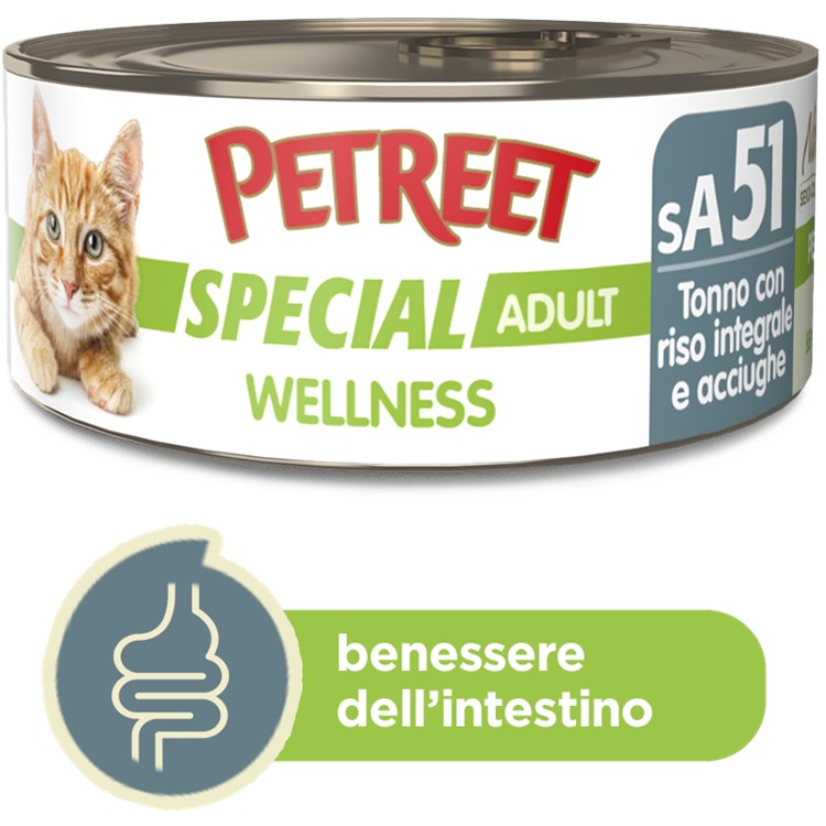 Petreet Special Wellness Tonno Riso Integrale Acciughe 70 gr sA51 Lattina Umido Gatto