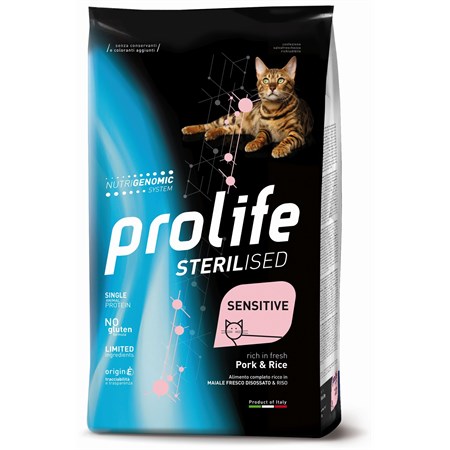 prolife cat adult sterilised sensitive maiale e riso 15 kg per gatti