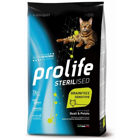 prolife cat sterilised grain free sensitive quaglia patate 7 kg per gatti