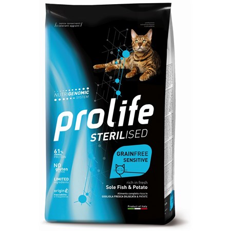 prolife cat sterilised grain free sensitive sogliola patate 7 kg per gatti