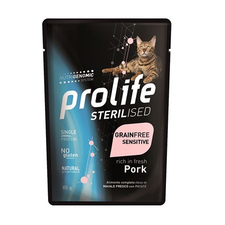 prolife cat veterinary diet sterilised sensitive maiale e patate 85 gr pork umido gatto