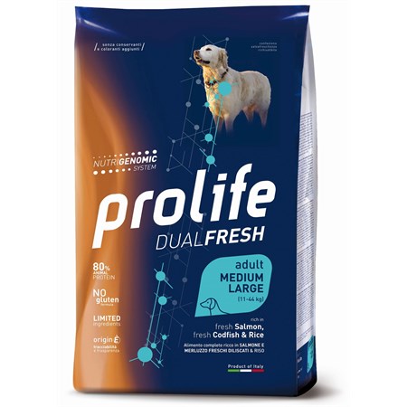 prolife dog dual fresh adult medium large salmone merluzzo riso 12 kg