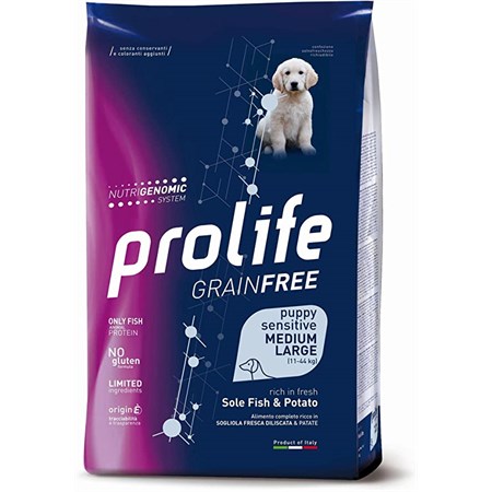 prolife dog puppy sensitive medium large sogliola e patate 2 kg grain free