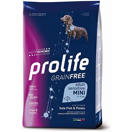 prolife dog sensitive grain free mini adult sogliola e patate 7 kg crocchette cani