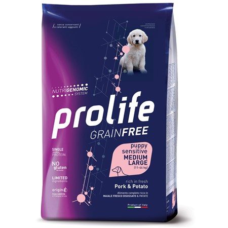 prolife dog sensitive grain free puppy medium large maiale patate 10 kg per cani cuccioli danneggiato