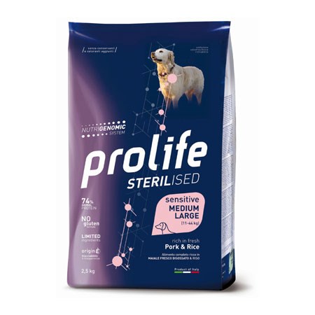 prolife dog sensitive medium large sterilised maiale e riso 12 kg cani