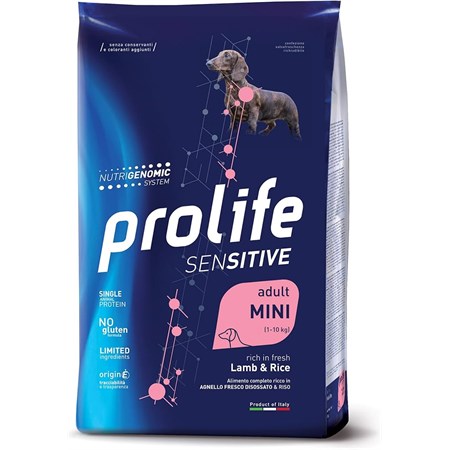 prolife dog sensitive mini adult agnello e riso 7 kg crocchette per cani danneggiato