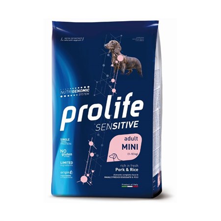 prolife dog sensitive mini adult maiale e riso 7 kg crocchette per cani