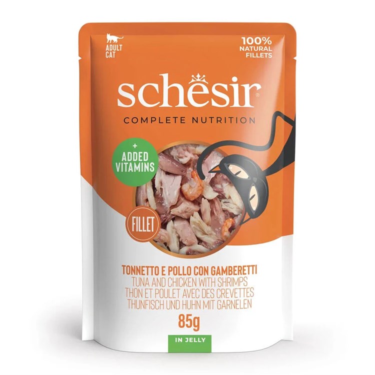 Schesir Complete Tonnetto e Pollo Con Gamberetti 85 gr Jelly Bustina Umido Per Gatti