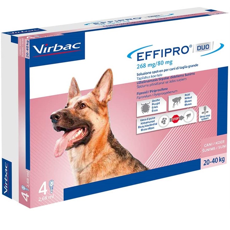 Virbac Effipro Duo Spot on 20   40 kg 4 Pipette Cane SCAD 28.02.2